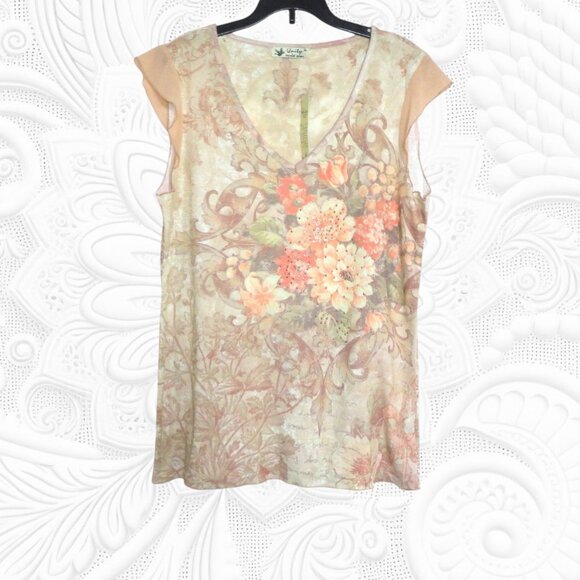 Unity World Wear XL Beige Embellished Floral Short Sleeve Top - NWT - Picture 1 of 3